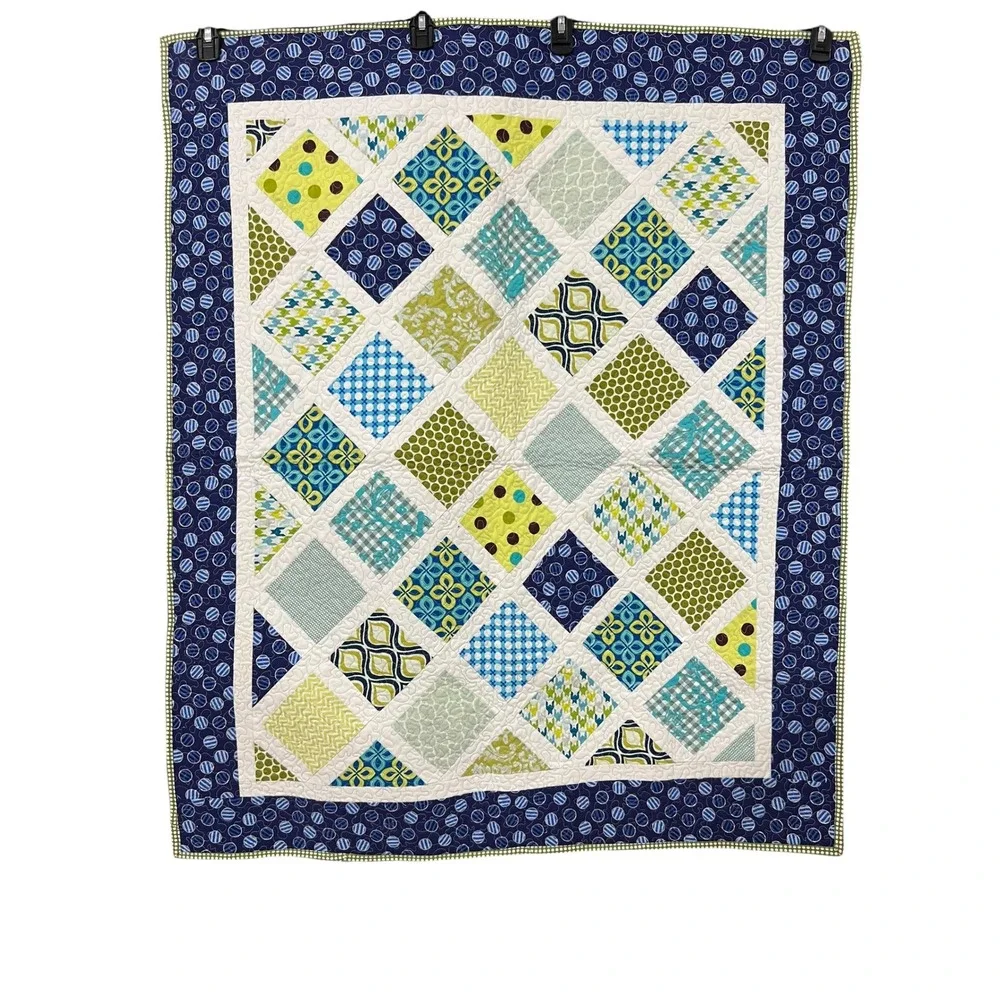 Handmade‎ Reversible Patchwork Quilt 42x36 Blue Green Geometric Modern Decor